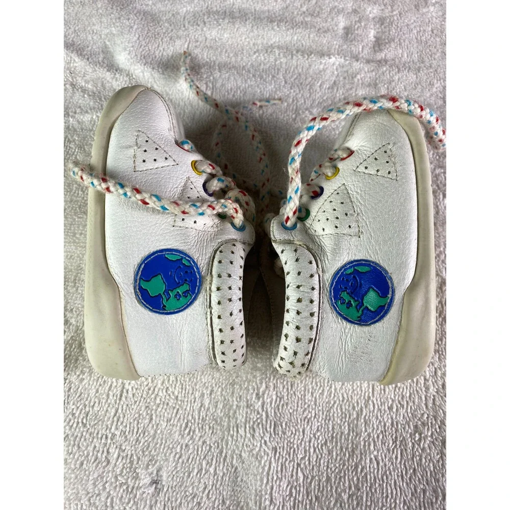 Vintage 1994 Playskool Baby Toddler Shoes Size 3 White Leather Earth Globe Laces